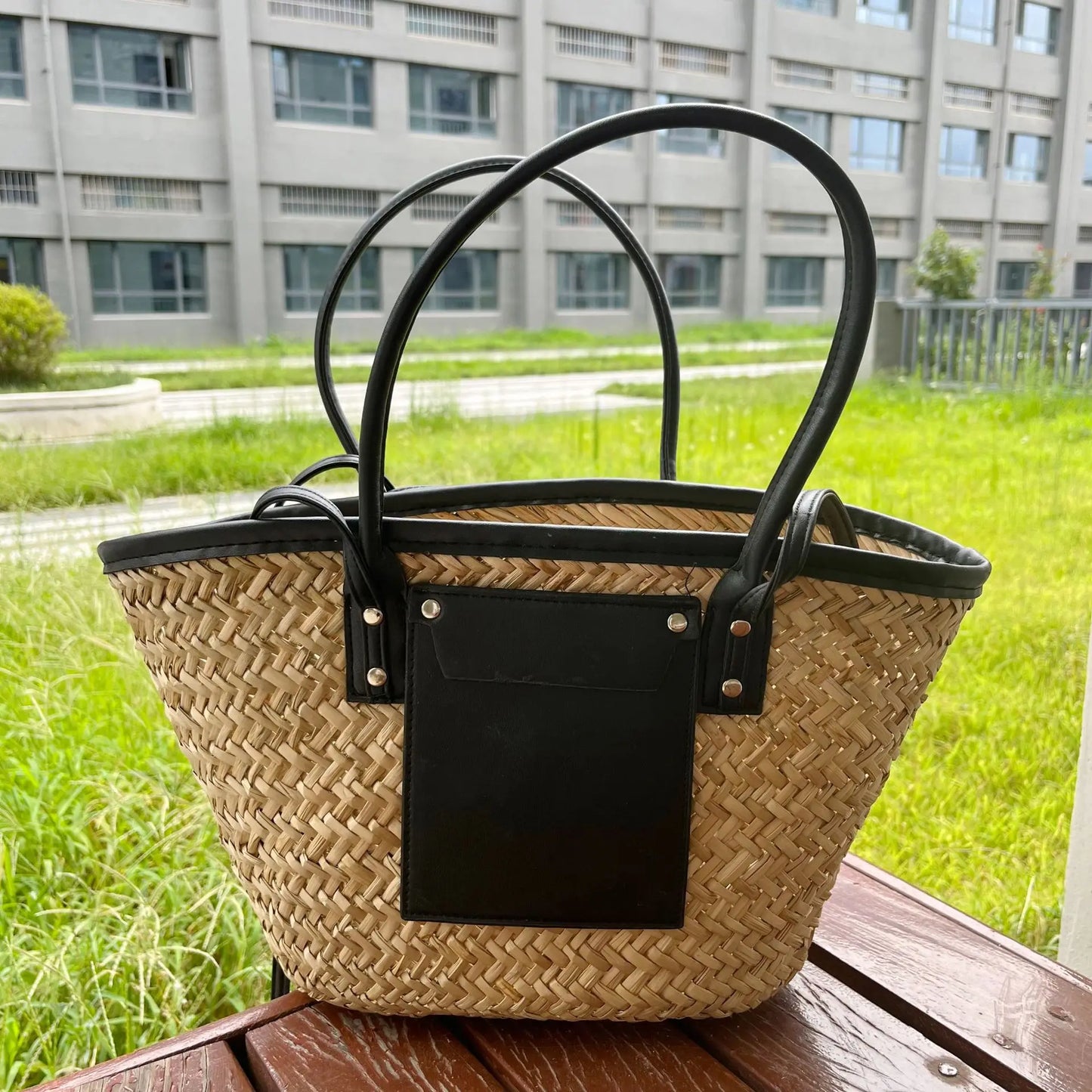 Sac de plage en paille tressée – grande capacité, style vacances