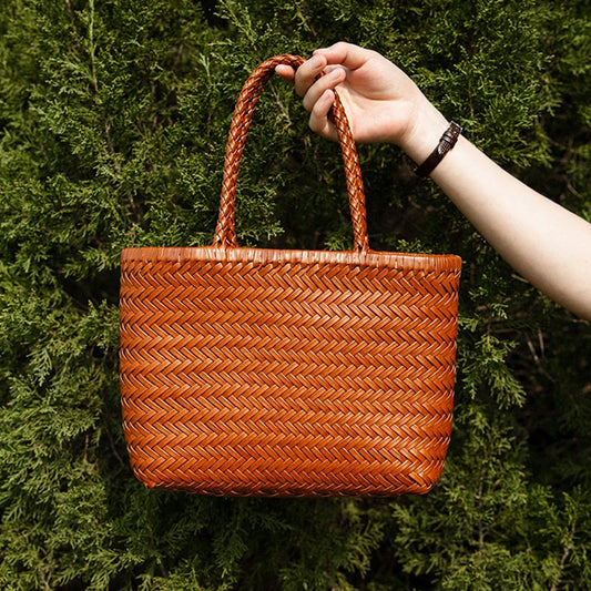 Sac panier tressé en cuir véritable – style vintage français 2025