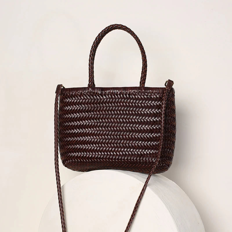 Sac panier tressé en cuir véritable – style vintage français 2025