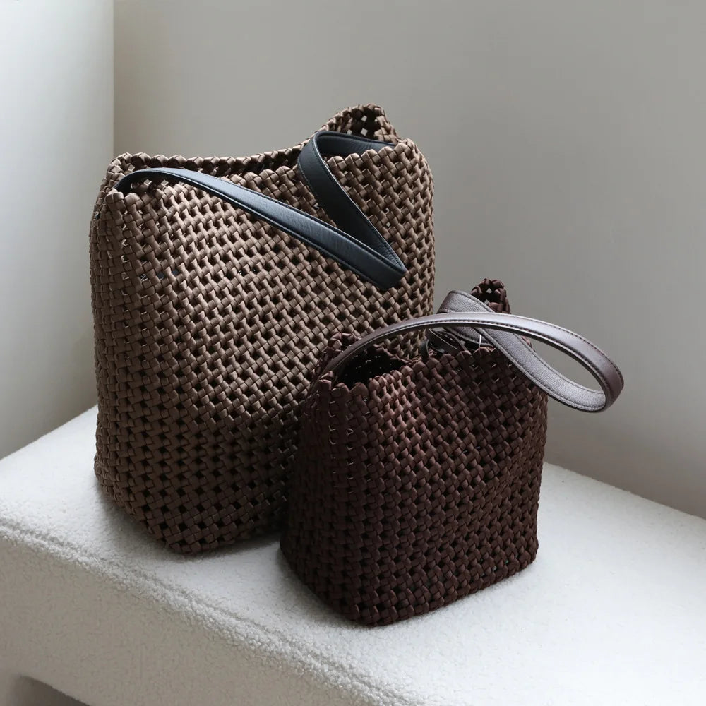 Tote Bag en Nylon Tissé avec Détails en Cuir