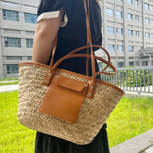Sac de plage en paille tressée – grande capacité, style vacances