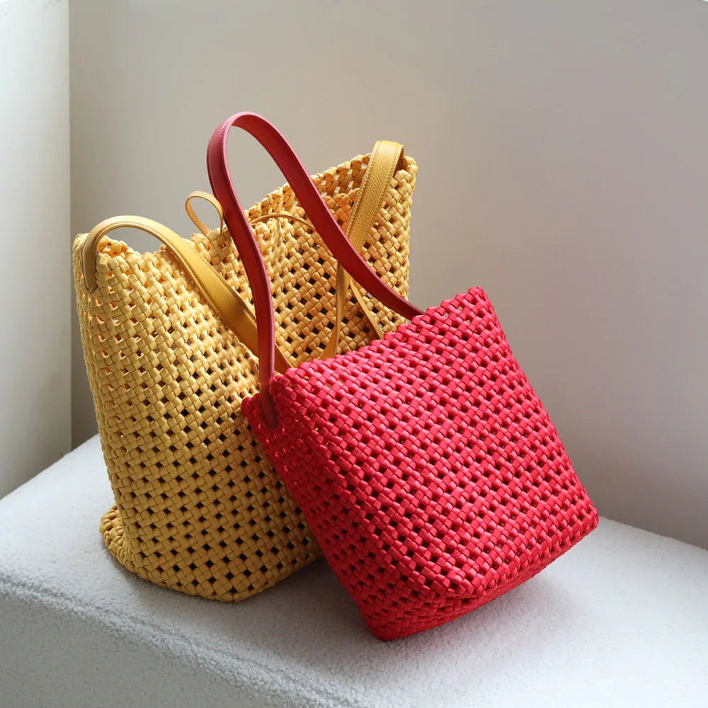 Tote Bag en Nylon Tissé avec Détails en Cuir