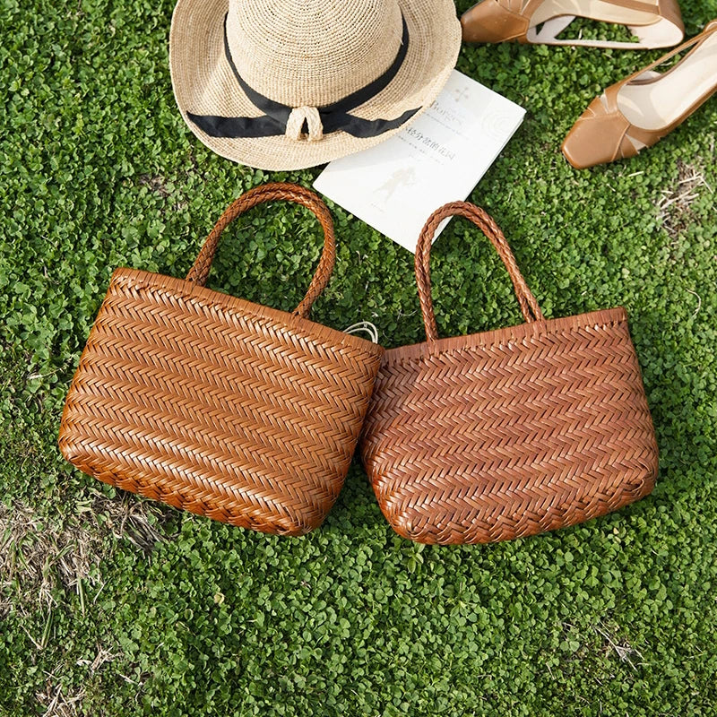 Sac panier tressé en cuir véritable – style vintage français 2025
