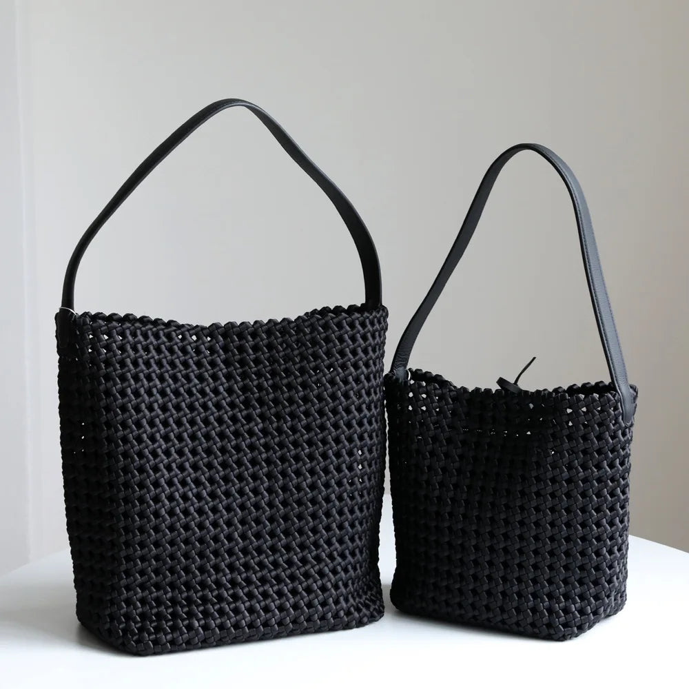 Tote Bag en Nylon Tissé avec Détails en Cuir