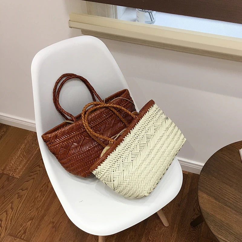 Sac Panier Tissé à la Main en Cuir Véritable – Esprit Vintage Français 2025