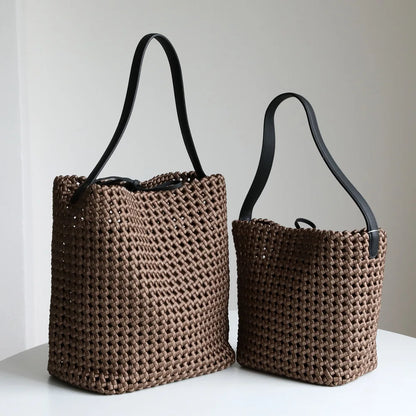 Tote Bag en Nylon Tissé avec Détails en Cuir