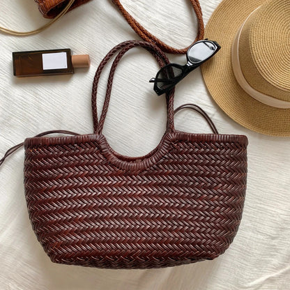 Sac fourre-tout tressé en cuir véritable – style vintage 2025