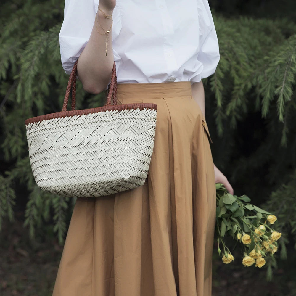 Sac Panier Tissé à la Main en Cuir Véritable – Esprit Vintage Français 2025