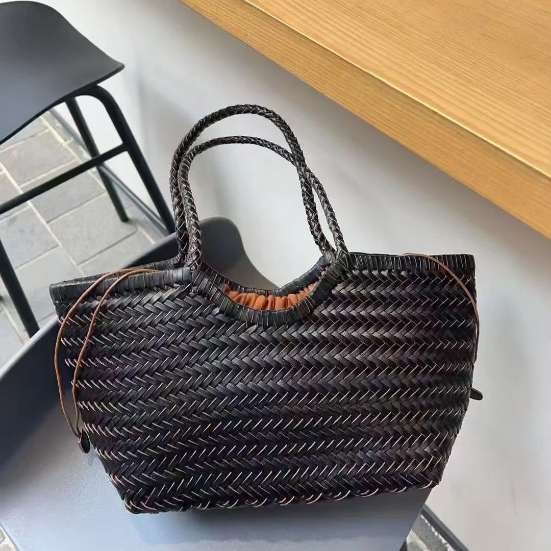 Sac fourre-tout tressé en cuir véritable – style vintage 2025
