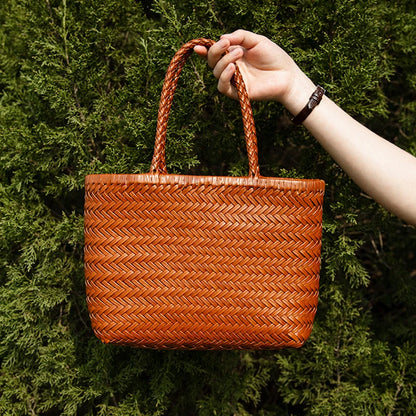 Sac panier tressé en cuir véritable – style vintage français 2025