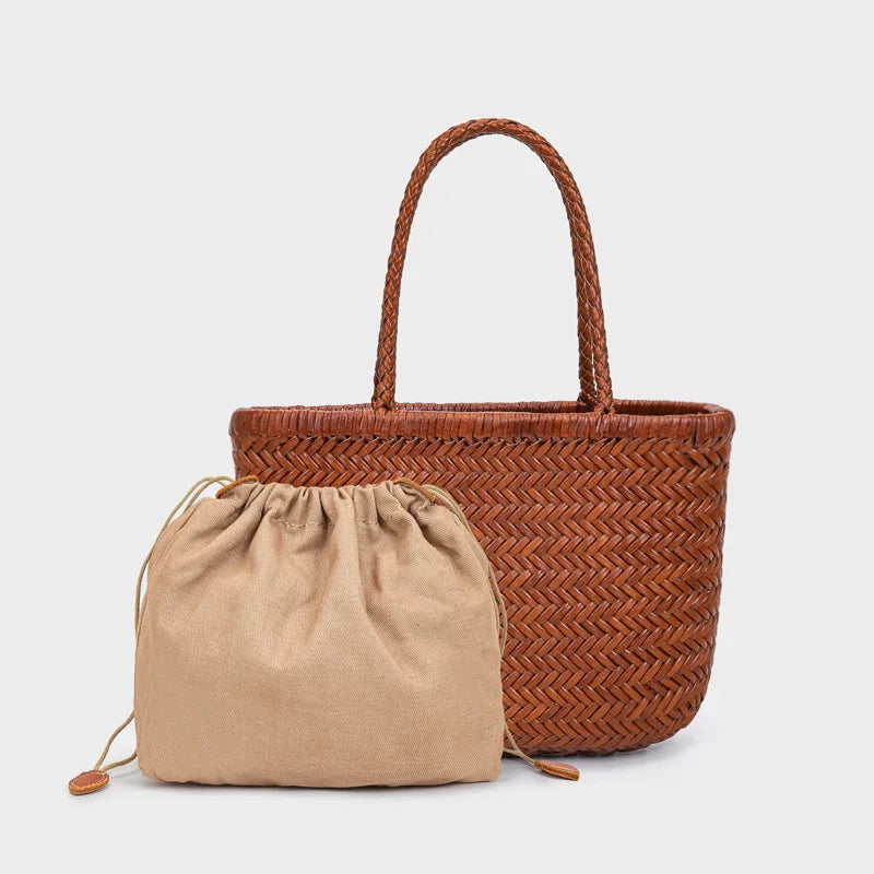 Sac panier tressé en cuir véritable – style vintage français 2025