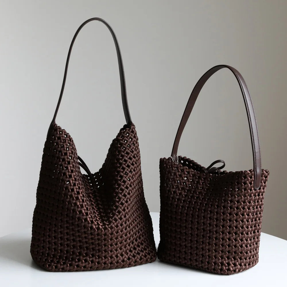 Tote Bag en Nylon Tissé avec Détails en Cuir